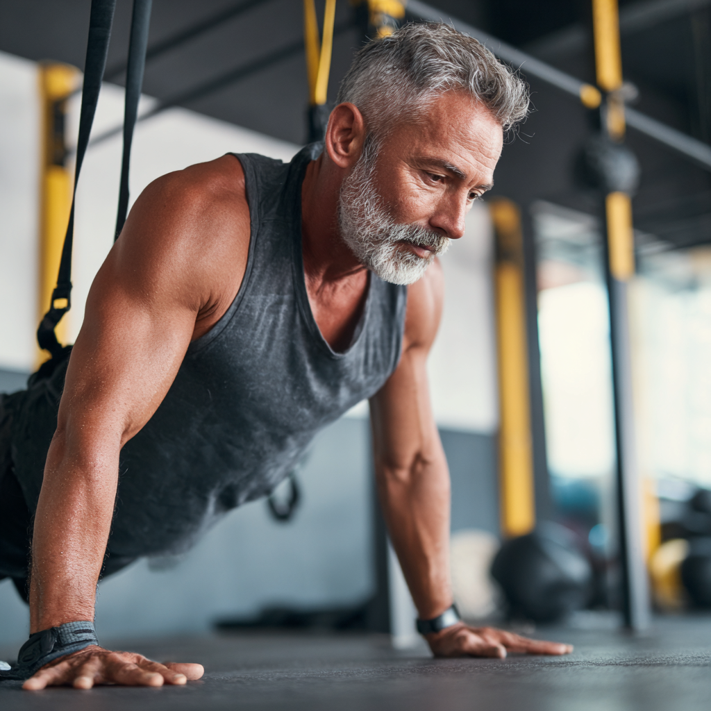 Smiling elderly European man in fitness attire looking energetic and confident